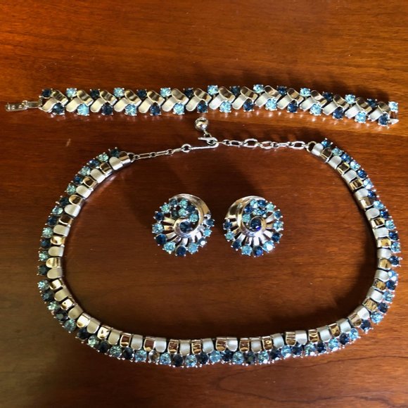 Crown Trifari Jewelry - Vintage Crown Trifari, Silver w/Blue Rhinestones; Necklace, Bracelet & Earrings